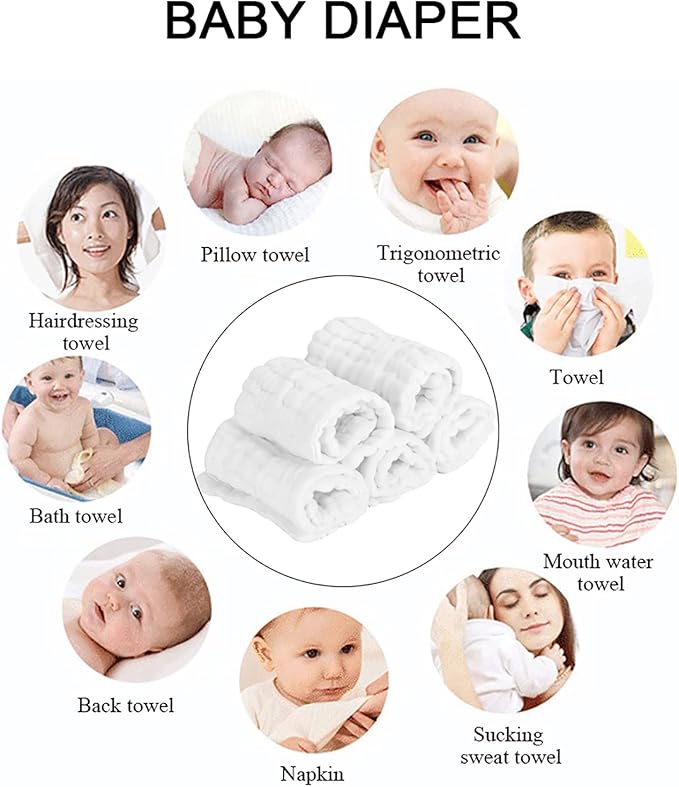 12 Layer Liners Cotton Gauze Reusable Washable Diaper with Hem for Infant Care Choosing Our Diaper (White)