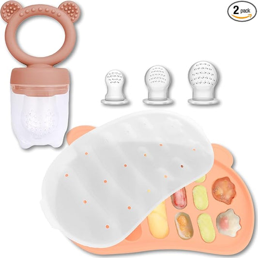 JEXFUN Silicone Baby Fruit Food Feeder Pacifier & Freezer Tray Set, Breastmilk Popsicle Mold for Teething, Silicone Baby Food Storage Containers for Baby Teething & Infant Self Feeding, BPA Free