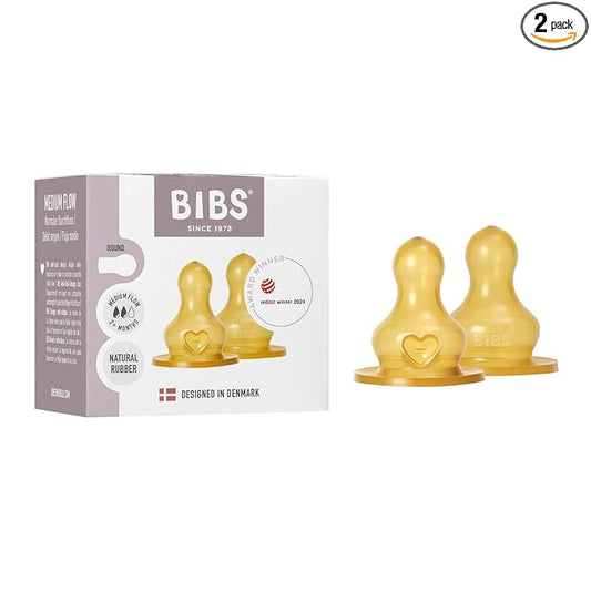 BIBS Bottle Nipple 2-Pack. Anti-Colic. Extra Nipples for BIBS Baby Bottles. Round Nipple. - Natural Rubber Latex, Medium Flow