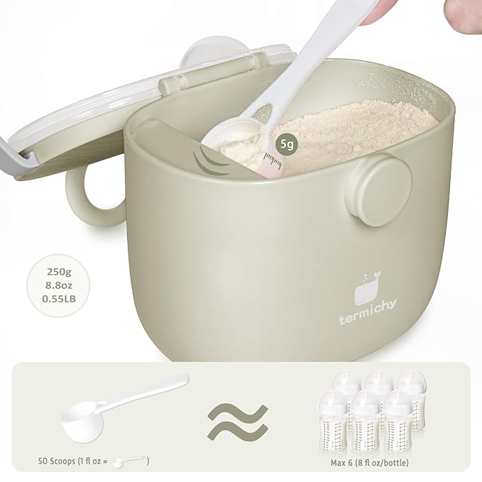 Termichy Baby Formula Dispenser, Portable Milk Powder Dispenser Container with Carry Handle and Scoop for Travel Outdoor Activities with Baby Infant, 8.8OZ, 0.55LB, 250g, 500ml(Full Khaki)