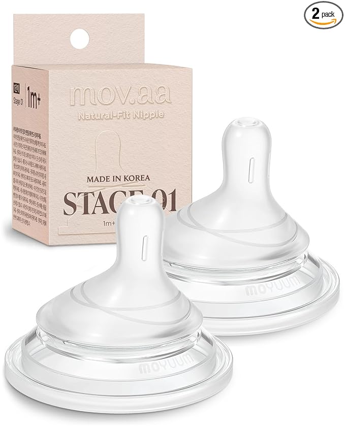 Moyuum Natural Fit Silicone Nipple for MOV.aa Bottles, Made in Korea - Perfect for Newborn, Anti-Colic Feed, Easy to Latch for Infant, from Breast to Bottle | Stage 1, Slow Flow, 1m+ (2 Pack)