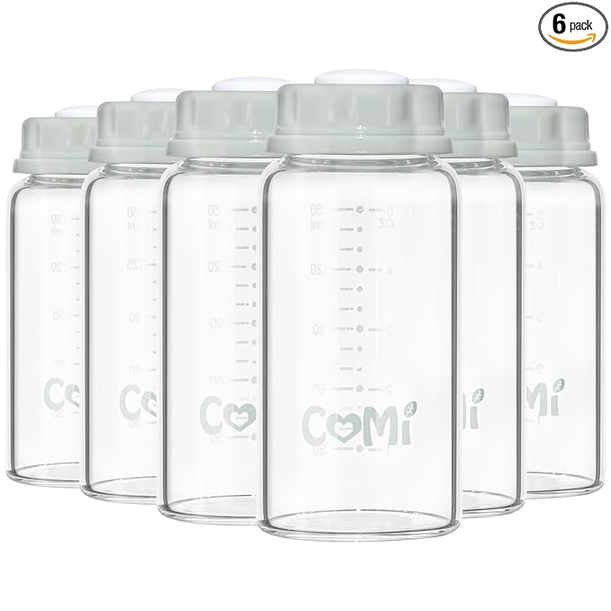 COMI Natural Glass Baby Bottle,Standard Neck Breastmilk Storage Bottle for Fridge,Breast Milk Container,Breast Pump Bottle Compatible with Medela Breast Pump,BPA Free,6PCS (5oz,6 Gray Lids)