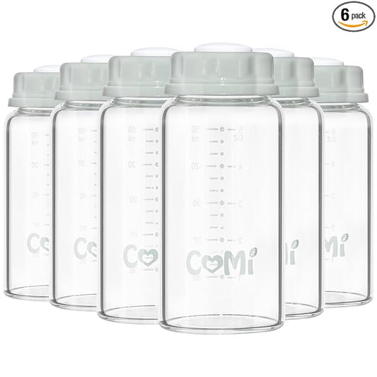 COMI Natural Glass Baby Bottle,Standard Neck Breastmilk Storage Bottle for Fridge,Breast Milk Container,Breast Pump Bottle Compatible with Medela Breast Pump,BPA Free,6PCS (5oz,6 Gray Lids)