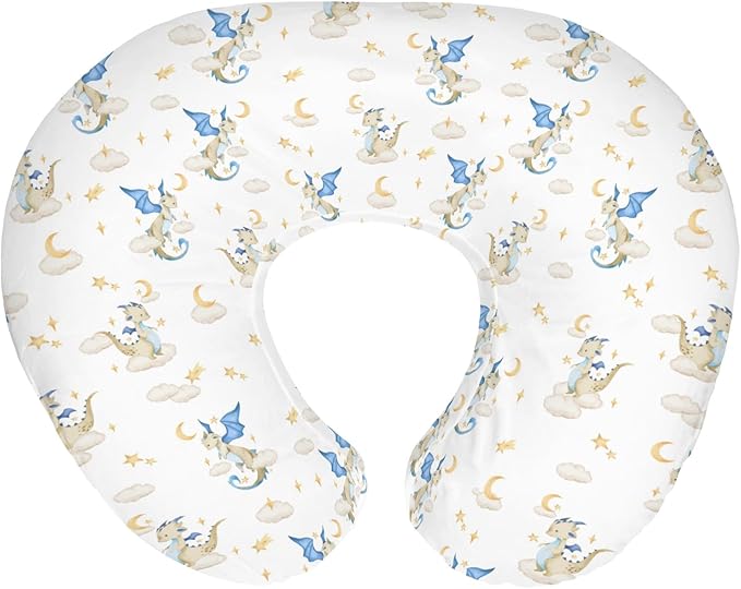 Fantasy Dragon Baby Nursing Pillow Covers for Boy Girl Fairytale Dragons Moon Stars Clouds Trees Nursery Pillowcase for Breastfeeding Pillows Myth Animal Soft Stretchy Slipcover for Newborn Infant