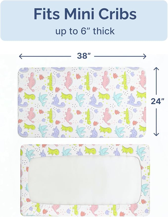 2-Pack Mini Crib Sheets Fitted - Pack N Play Sheets for Pack and Play Mattress - Stretchy Soft Microfiber Playard Bedding - Mini Toddler Bed Cover Boys & Girls - Easy-Fit, Oeko-Tex - 38 x 24in - Dinos