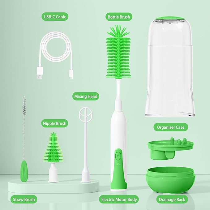 Electric Baby Bottle Brush, Rechargable Electric Bottle Brush Cleaner for Travel, Portable Baby Bottle Cleaner Brush Set with Silicone Bottle Brush, Nipple Brush, Straw Brush(Vintage Green)