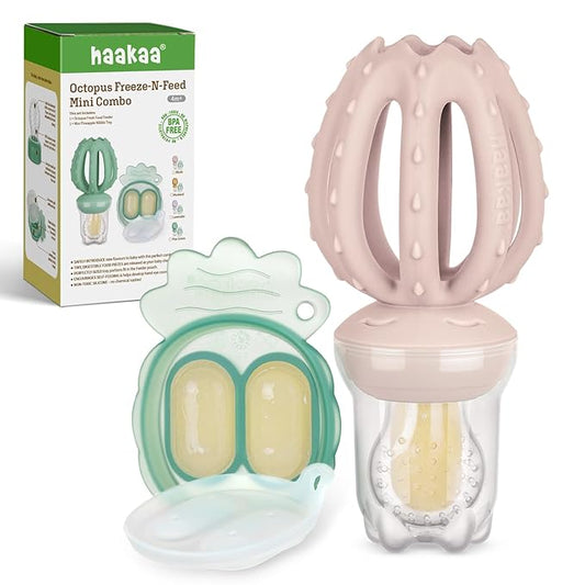 Haakaa Octopus Baby Fruit Food Feeder & Mini Freezer Nibble Tray Combo, Breastmilk Popsicle Molds for Cooling Relief, BPA Free Silicone Feeder for Safe Infant Self Feeding, 4 Month+（Blush）