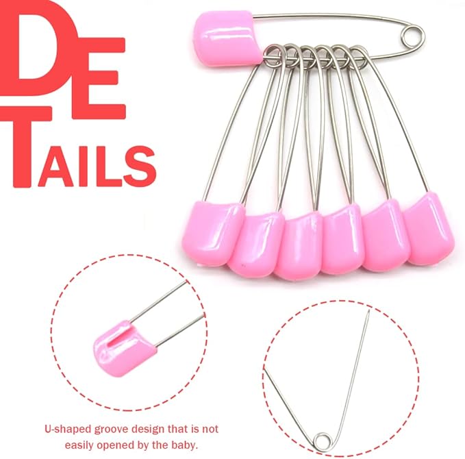 50 PCS Safety Pin 54mm/2.2in Baby Diaper Pins for Cloth Plastic Head Baby Pins for Diapers Stainless Steel Cloth Pins with Locking Closures Nappy Pin for Crafts（DT/Pink）