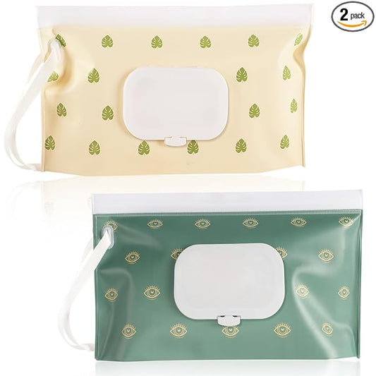 FEBSNOW 2 Pack Baby Wipes Dispenser, Portable Refillable Wipe Holder Baby Wipes Container Travel Wipes Case Reusable Boho Wet Wipes Pouch