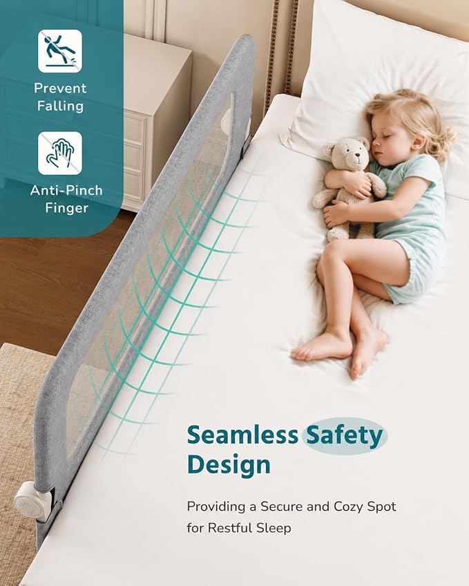 HOMEAL Bed Rail for Toddlers, 59" Extra Long Swing Down Bed Guard with Double Reinforced Stability, Foldable Metal Safety Rail for King, Queen, Full & Twin Beds, Grey