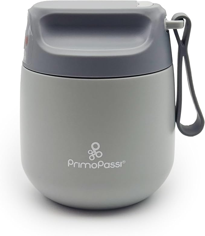 Primo Passi Insulated Food Jar for Kids & Babies – 12 oz / 350 ml Stainless Steel Thermal Food Container with Easy-Open Lid & Silicone Carry Strap – Keeps Food Hot or Cold for Up to 8 Hours (Grey)