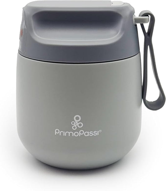 Primo Passi Insulated Food Jar for Kids & Babies – 12 oz / 350 ml Stainless Steel Thermal Food Container with Easy-Open Lid & Silicone Carry Strap – Keeps Food Hot or Cold for Up to 8 Hours (Grey)