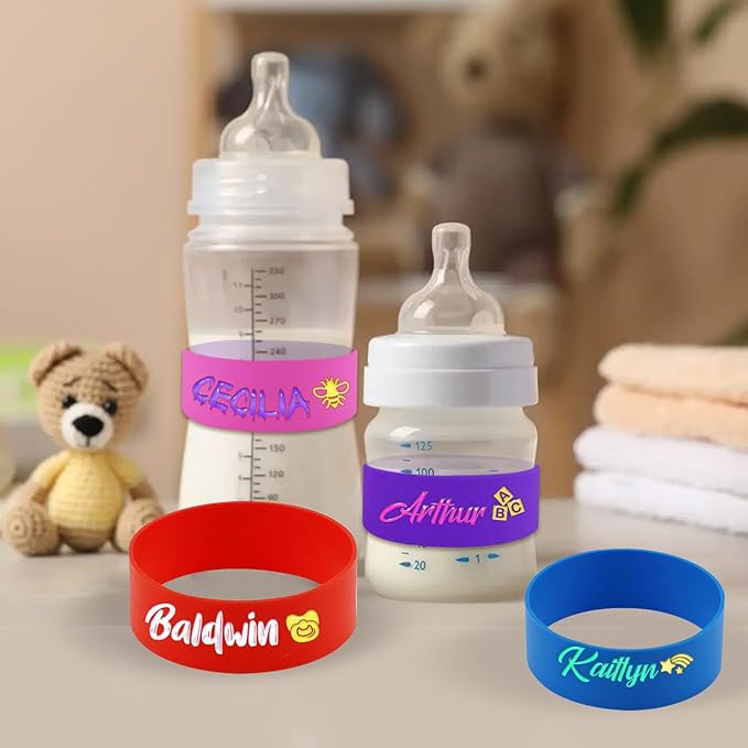 2 Pcs Personalized Water Bottle Name Bands, Printable Name Daycare Labels, Reusable Bottle Labels Silicone Daycare Essentials Washable Sippy Cup Strap