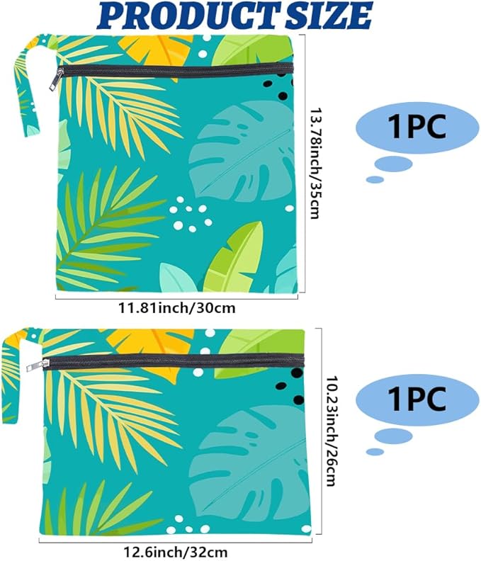 2Pcs 2 Sizes Tropical Dry Bag Wet Bag Swimsuit Green Plam Leaf Pattern Polyester Waterproof Sandproof Reusable Storage Zipper Pouches for Friends Swimsuit Travel Dirty Diaper Clothes Gifts