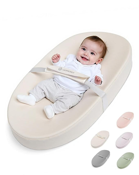 COMOMY Baby Changing Pad with Wipeable & Waterproof PU Cover, Contoured Diaper Changing Pad for Dresser with Non-Slip Safety Belt, Portable and Lightweight, Large Cushioned Foam, Beige