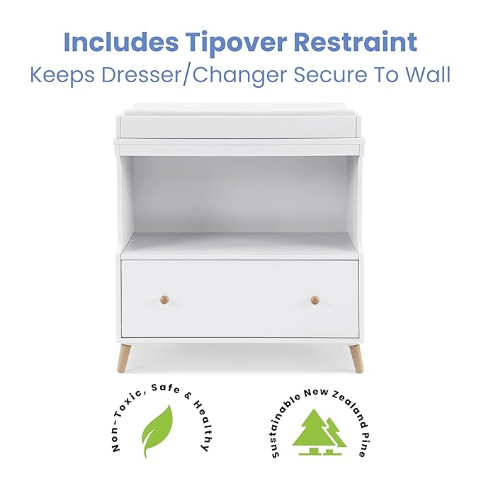 Delta Children Essex Convertible Changing Table with Drawer, Bianca White/Natural