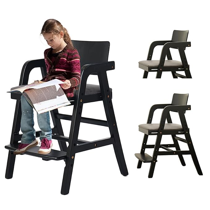 Solid Wood High Chair for Toddlers to Teens, Adjustable Height Toddler Dining Chair, Easy to Clean Toddler Highchair with Removable PU Cushion for Dining, Studying, Step Stool, Black