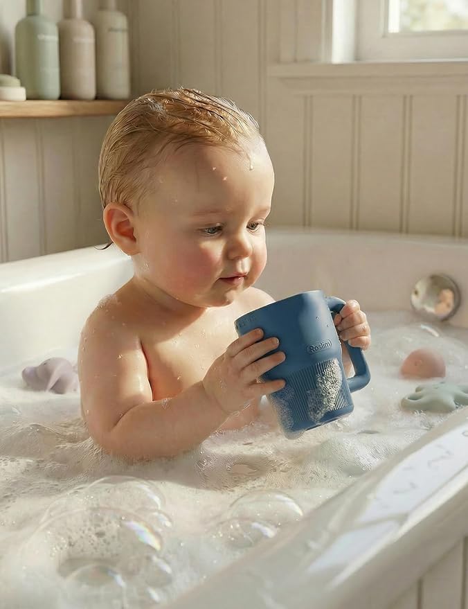 Roslim Silicone Baby Bath Rinse Cup - Shampoo & Body Washing Rinser for Kids & Toddlers, Lightweight Bath Cups for Rinsing Hair, Easy-Grip Handle, Ultra Soft Material (Ocean Blue)