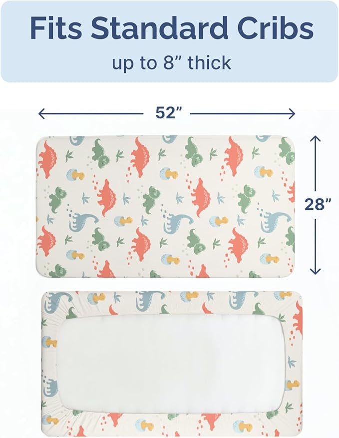 Baby Crib Sheets for Boys & Girls - Pack of 2 Fitted Microfiber Crib Sheets for Standard Crib & Toddler Mattress - Soft, Breathable & Wrinkle Free - Machine Washable, Oeko Tex - 52x28x8in - Dino Land