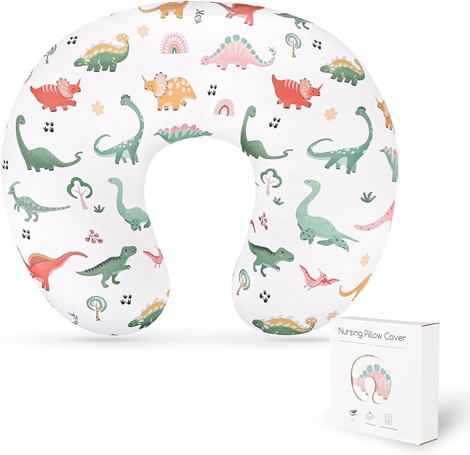 Nursing Pillow Cover, Breastfeeding Pillow Cover Case for Baby Girls Boys, Soft & Breathable, White Dinosaur (Only Cover)