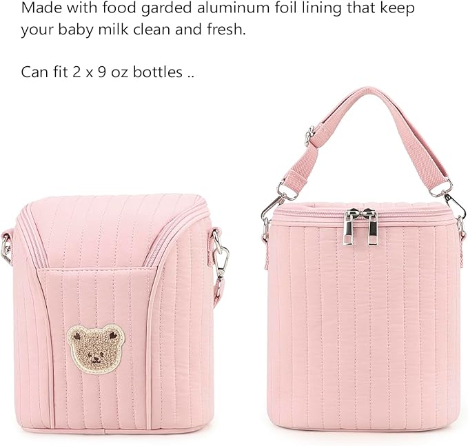 Lmbabter Embroidered Bear Stroller Organizer Tote Bag, Bottle Insulation Pouch, Portable Cooler Storage Essential for Milk/Breast Pump,Baby Travel Supplies (Pink)