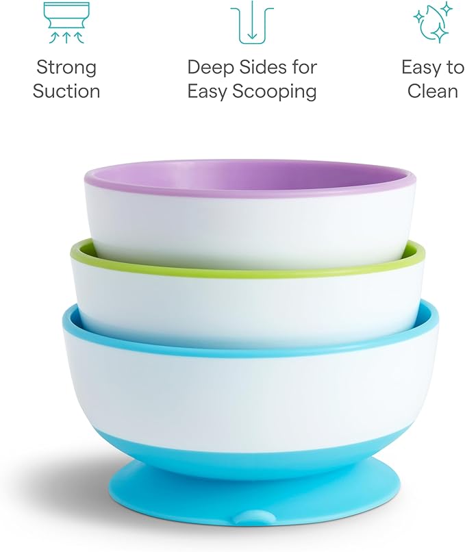 Munchkin Stay Put Suction Bowls for Baby and Toddler, 3 Pack, Blue/Green/Purple