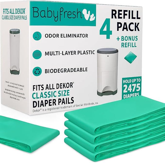Refills Compatible with DEKOR classic Diaper Pails | 4+1 Pack | Exclusive 30% Extra Thickness | Diaper Pail Refills with Powerful Odor Elimination | Fresh Powder Scent | Holds up to 2500+ Diapers