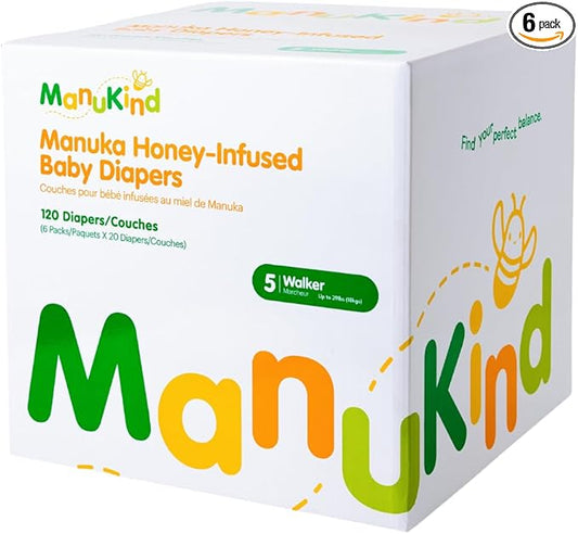 ManuKind Baby Diapers, Manuka Honey Infused, Ultra Soft, Plant-Based Materials, Quick-Dry Comfort, Leak Guard Protection, Size 5 – 120 Diapers (6 Packs of 20)