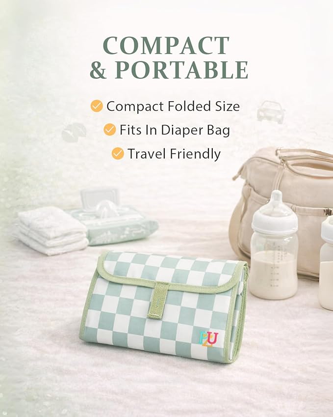 PZU Portable Diaper Changing Pad - Waterproof Travel Changing Mat with Built-in Pillow, Gifts for Baby Shower, Newborn Girls & Boys（Sage Checkers）