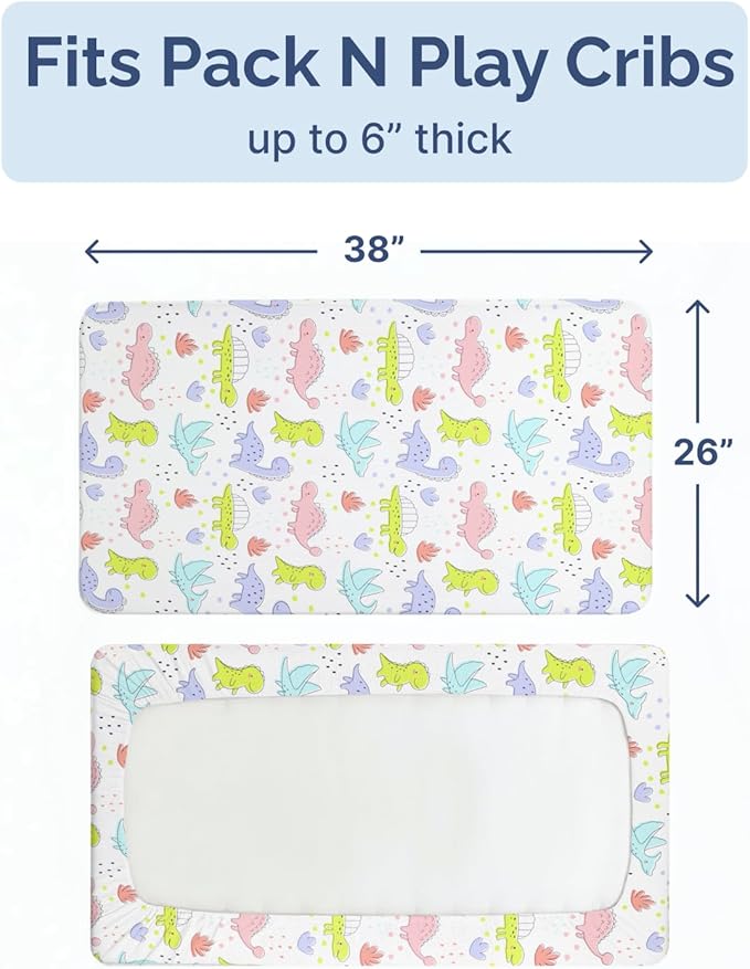 Pack and Play Sheets Fitted - 2 Pack Mini Crib Sheets for Pack N Play Mattress - Unisex Playard Microfiber Bedding for Boys & Girls - Soft, Breathable and Wrinkle Free - Oeko-Tex, 38 x 26in - Dinos