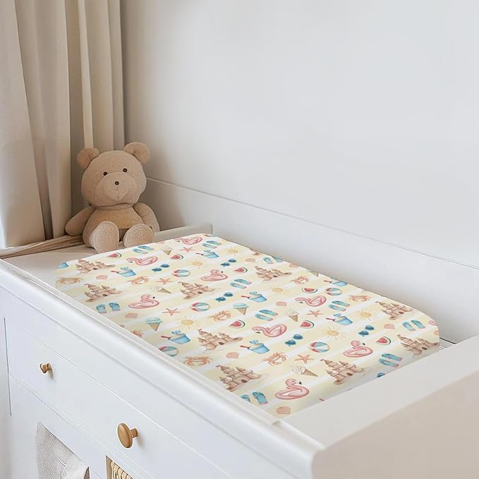 Summer Beach Seaside Changing Pad Covers for Baby Girls Boys Ice Cream Sand Flamingo Sun Fitted Change Table Pad Covers Mats Boho Travel Vacation Soft Diaper Changing Pad Sheets 32''×16''