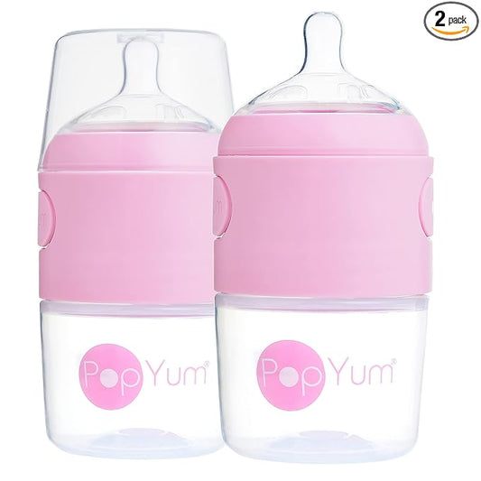 PopYum 5 oz Pink Anti-Colic Formula Making/Mixing/Dispenser Baby Bottles, 2-Pack with #1 Slow Flow Nipples, 150 ml, BPA-Free, Natural Latch