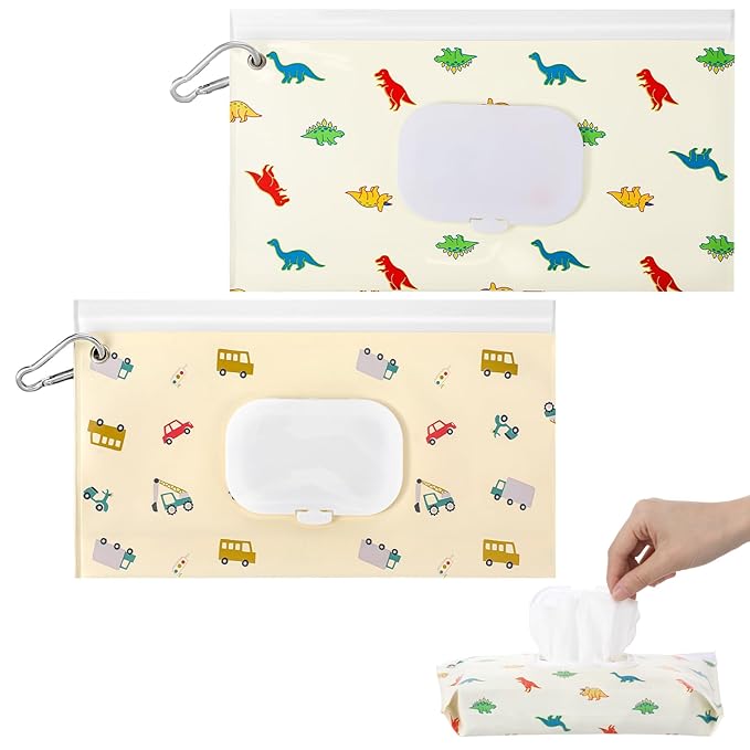 Mabor 2 Pcs Baby Wipes Dispenser, Portable Refillable Wet Wipes Holder for Travel, Reusable Wipe Container with Metal Clip, Keeps Wipe Moist