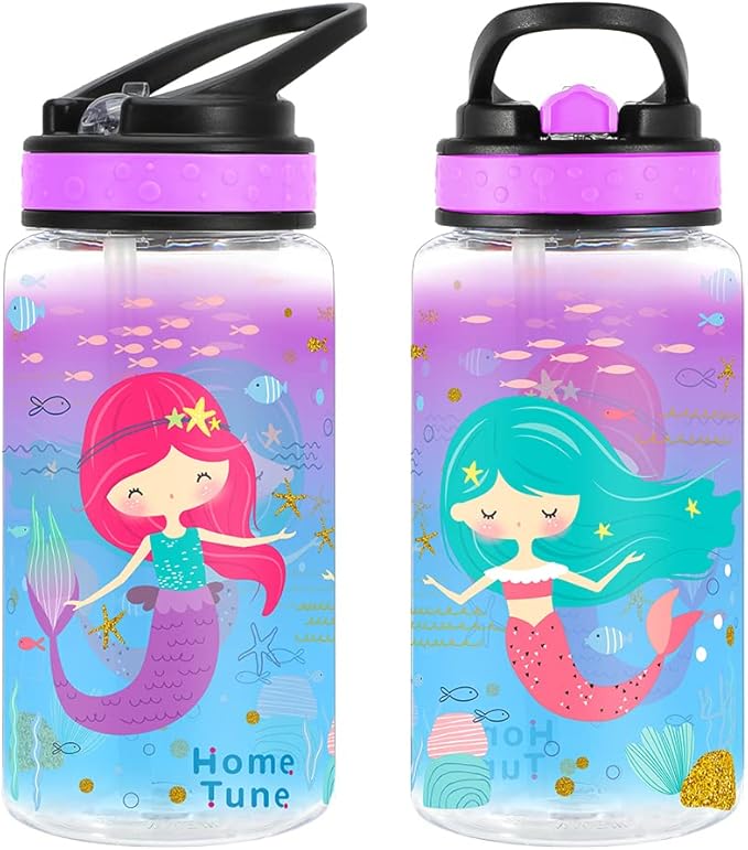 15oz Water Bottle for Kids Girls Boys School, BPA Free, Leak Proof Flip Straw, Carry Loop, Easy Clean - Mermaid