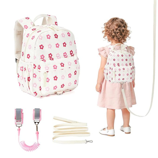 Corduroy Toddler Backpack with Detachable Leash and Anti-Lost Wrist Link, Safety Harness Walking Backpack for Toddler Boys Girls 1-3, Cute Floral Travel Backpack with Leash for Kids