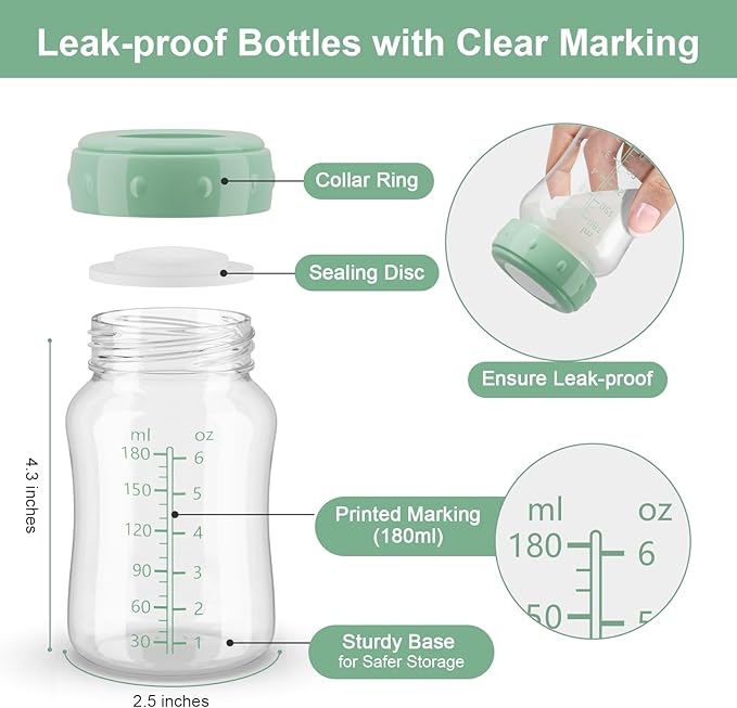 Breastmilk Storage Bottle Compatible with Spectra/Motif Luna/afontoto Flange, 4PCS Breast Milk Container for Fridge, Wide-Neck, BPA Free Baby Bottles with Lid Fit Momcozy Breast Milk Cooler 22oz Green