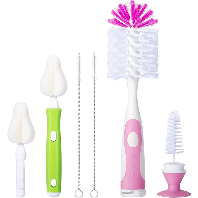 CAREBABYMORE Baby Bottle Brush with One Base Hidden Nylon Nipple Cleaner, 2 Pcs Sponge Nipple Brushes, 2 Pcs Straw Brushes, Bottle Brush with Nipple Cleaner and Suction Cup (Pink)