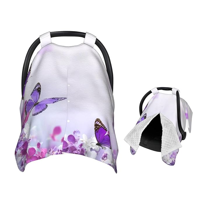 KiuLoam Blue Hydrangeas Flowers and Butterfly Baby Car Seat Canopy, Nursing Cover Breastfeeding Scarf, Stretchy Soft Breathable Infant Carseat Cover for Babies Boys Girls