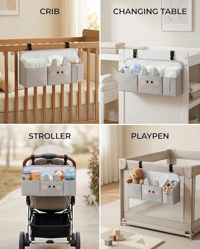Adorable Bunny Hanging Diaper Caddy: 3-in-1 Heavy Duty Bassinet Organizer Attachment & Diaper Holder for Crib - Reinforced Oxford Cloth Storage - Stylish Gray Nursery Essential for New Parents