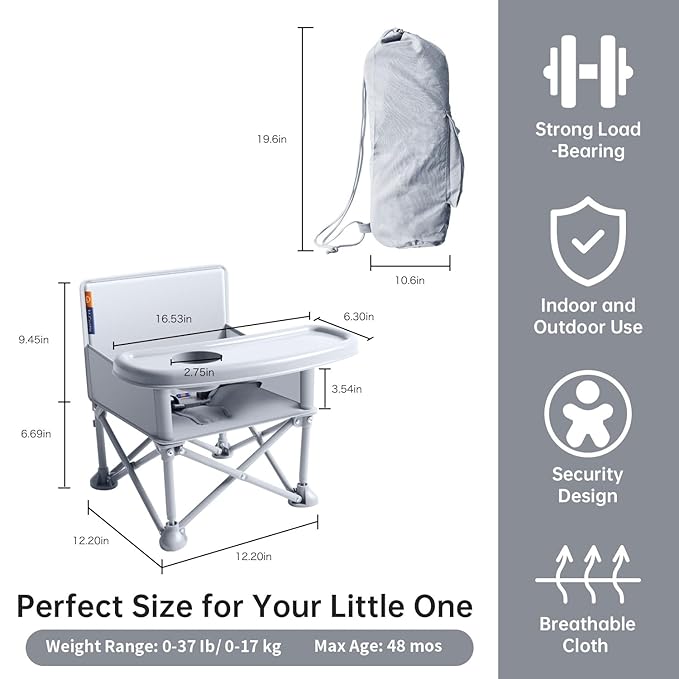 New Portable Travel Booster Seat with Tray|Foldable Infant Seat Booster Dining Chair|Great for Camping, Beach, Lawn|Toddler, Child Camping Chair 6 Months - 3 Years Old （Gary）