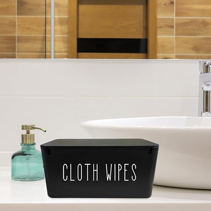 Cloth Wipes Dispenser, 8.2L x 4.9W x 3.9H inches, Cloth Baby Diaper Wipes Container for Homemade Reuseable Baby Essential, Black
