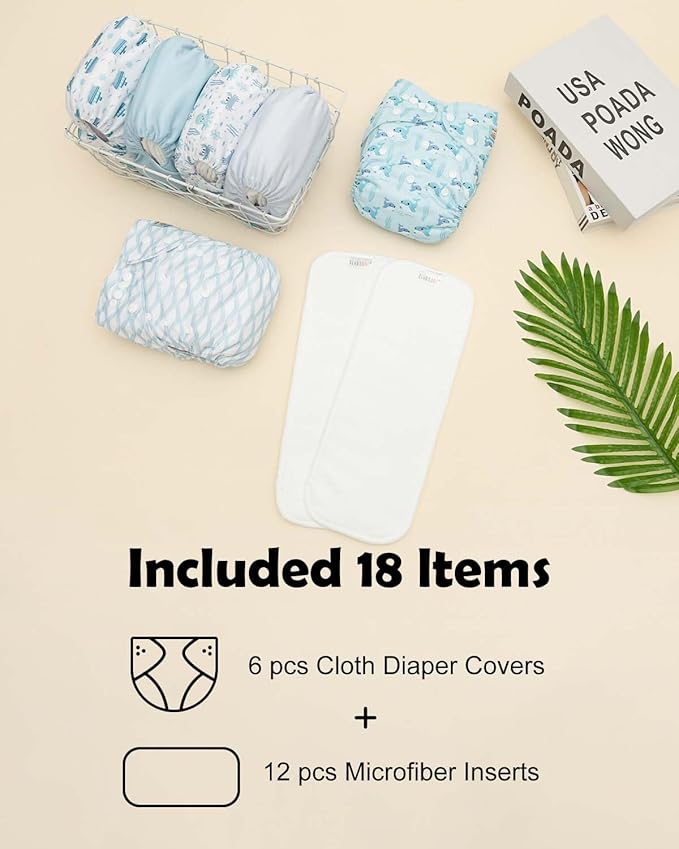 ALVABABY Baby Cloth Diapers 6 Pack with 12 Inserts Cloth Diaper Covers Adjustable Washable Reusable for Baby Girls and Boys 6DM136A