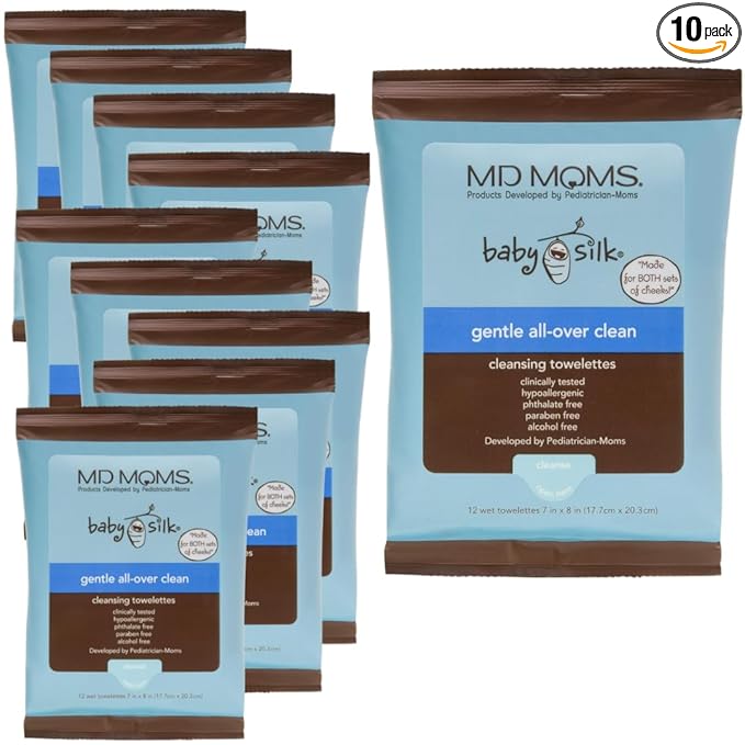 Baby Wipes by MD Moms (10 PACK of 12 ct Travel Pouch) – Sensitive Eczema Approved Hypoallergenic Cleansing Towelettes for Sensitive Skin- 120 Towels in All- Keep Clean Wipes for on the Go Travel Use