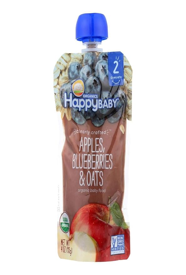 Happy Baby Organics Stage 2 Baby Food Pouches, Gluten Free, Vegan & Healthy Snack, Clearly Crafted Fruit & Veggie Puree, Apples, Blueberries & Oats, 4 Ounces (Pack of 1)