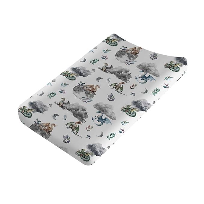 Watercolor Dragons Fairytale Baby Changing Pad Covers Dragon Wings Leaves Moon Clouds Diaper Changing Table Sheets for Boy Girl Soft Breathable Stretch Diaper Change Pad Table Covers Mats 32''x16''