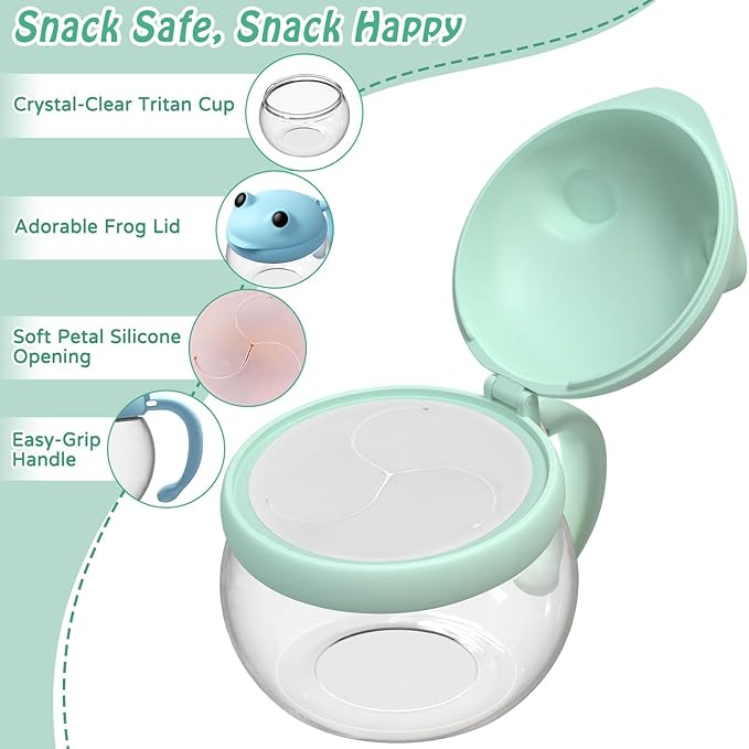 SELEWARE No Spill Snack Cups for Toddlers 2-Pack - Spill-Proof Snack Catcher with Handle, BPA-Free Tritan & Silicone - Easy Grip Kids Snack Container for On-The-Go, Dishwasher Safe (Green & Blue)
