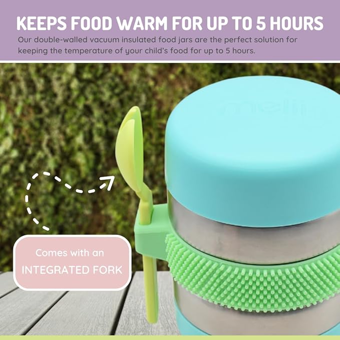 melii Stainless Steel Food Jar, 10.1oz, Double Walled, Vacuum Insulated, Integrated Fork, Airtight & Leakproof, Dishwasher Safe - Blue, Mint, Lime