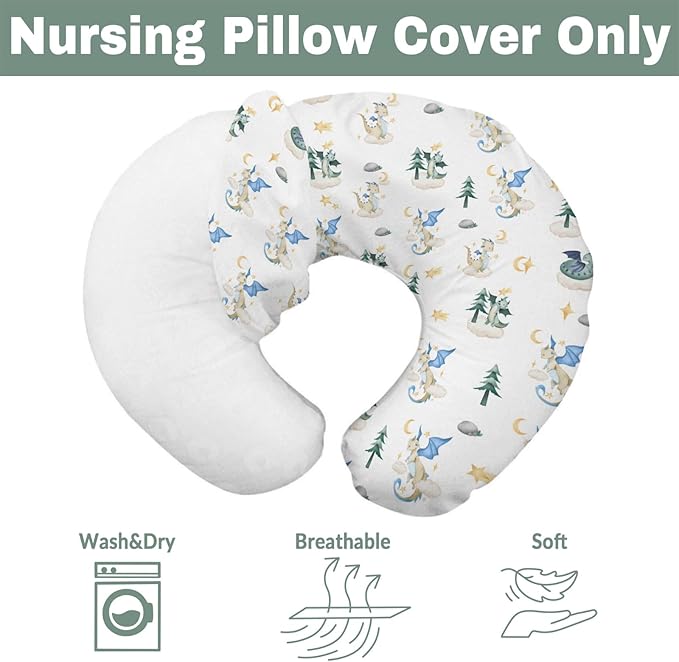 Fantasy Dragon Baby Nursing Pillow Covers for Boy Girl Fairytale Dragons Moon Stars Clouds Trees Nursery Pillowcase for Breastfeeding Pillows Myth Animal Soft Stretchy Slipcovers for Newborn Infant