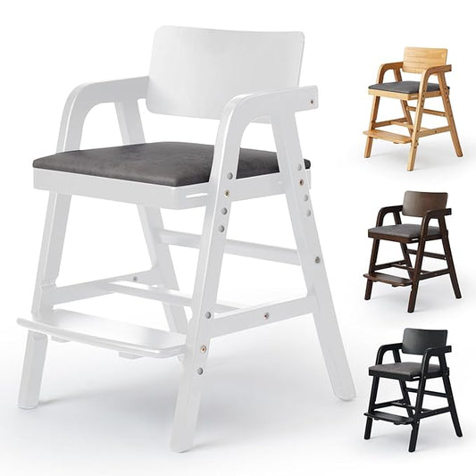 Wooden High Chair for Toddlers & Baby, Adjustable Dining Feeding Chair Grows with Kid, Convertible High Chair for Babies, Wipe Clean Skin-Friendly Cushion, for Home & Restaurant - White