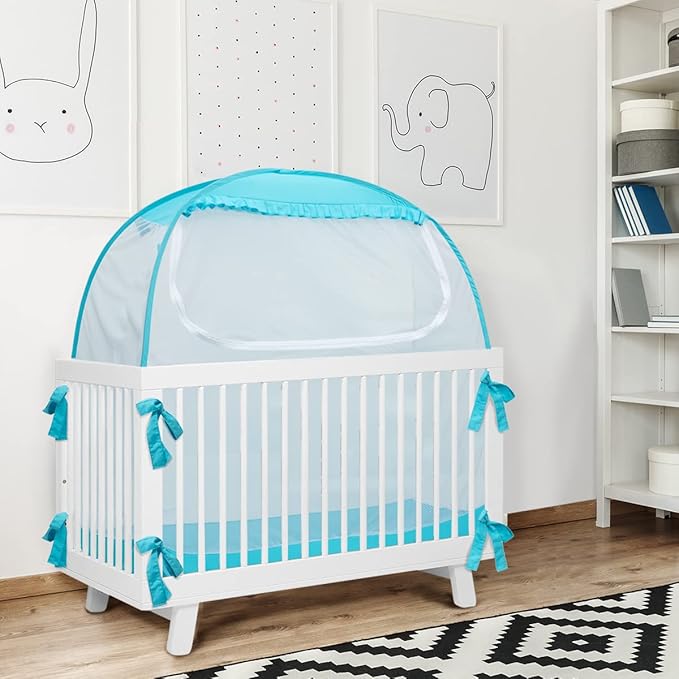 L RUNNZER Baby Pop Up Tent, Toddler Safety Net to Keep Baby from Climbing Out, See-Through & Breathable Crib Canopy Against Falls & Bites, Fits Most Standard Cribs